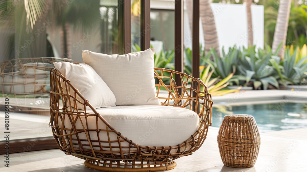 stylish basket chair with a rattan frame and comfortable cushions, perfect for adding a touch of natural elegance to any indoor or outdoor seating area.