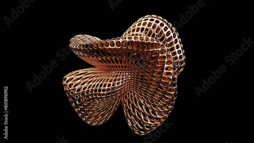 Realistic looping 3D animation of the abstract morphing wireframe textured brass form rendered in UHD with alpha matte