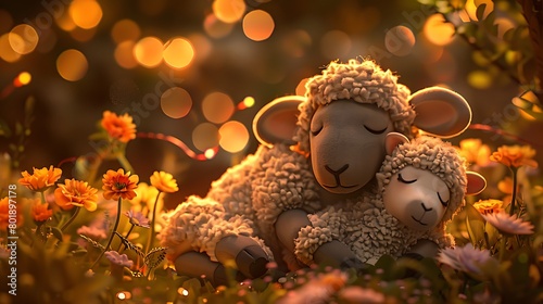 A heartwarming depiction of a sheep cuddling a plush toy version of itself, surrounded by flowers and twinkling lights in celebration of Bakra Eid