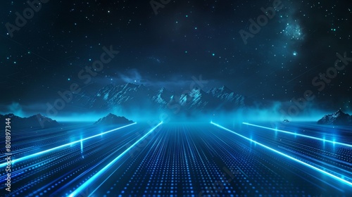 futuristic background with blue glowing lines and mountain range in the distance, dark sky, light rays shining through