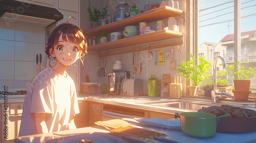 young anime girl happy cooking in clean kitchen © Adja Atmaja