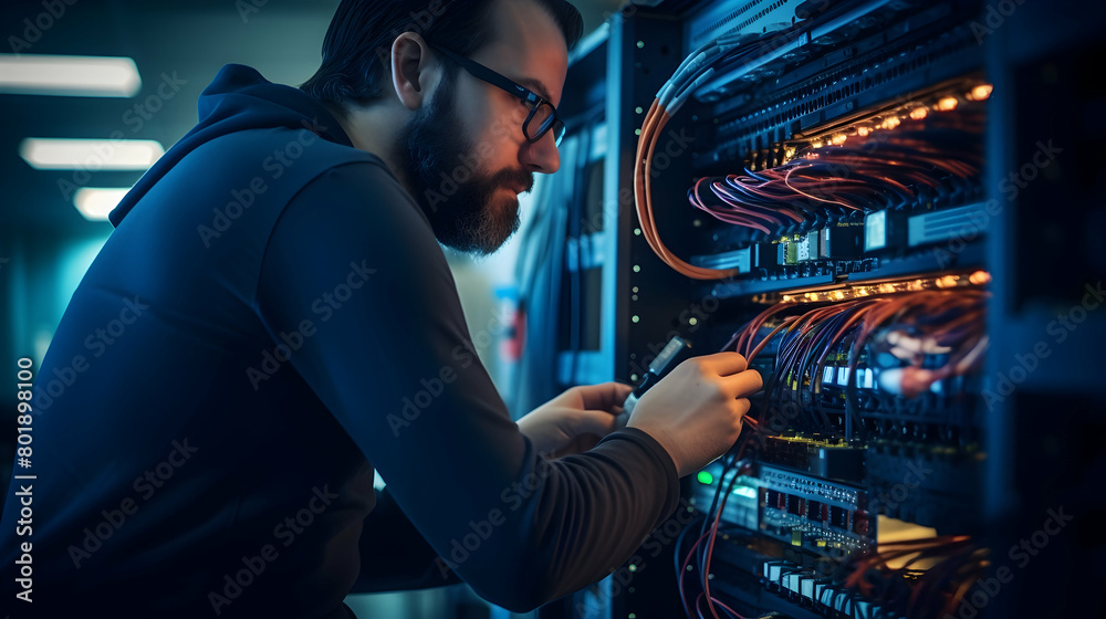 Obraz premium An IT administrator configuring a network firewall for enhanced cybersecurity