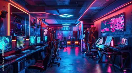 Futuristic cyberpunk-themed gaming room with neon lighting, virtual reality stations, and futuristic gaming consoles.