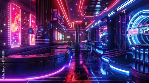 Futuristic cyberpunk-themed nightclub with neon lighting, holographic displays, and electronic music DJs.