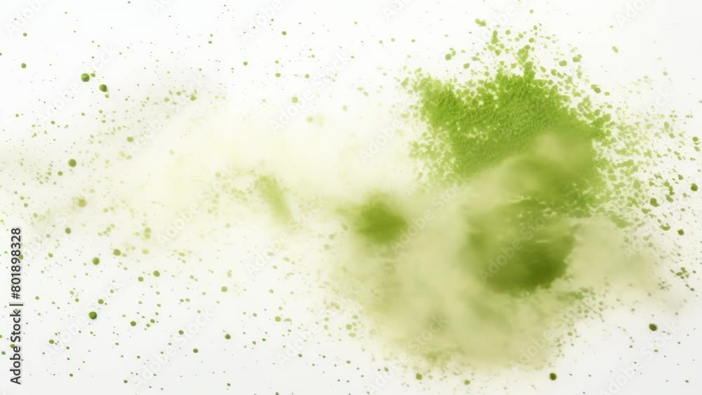 Scattered green dust particles of varying sizes and densities on a pure white background, creating a gritty, textured abstract visual. 