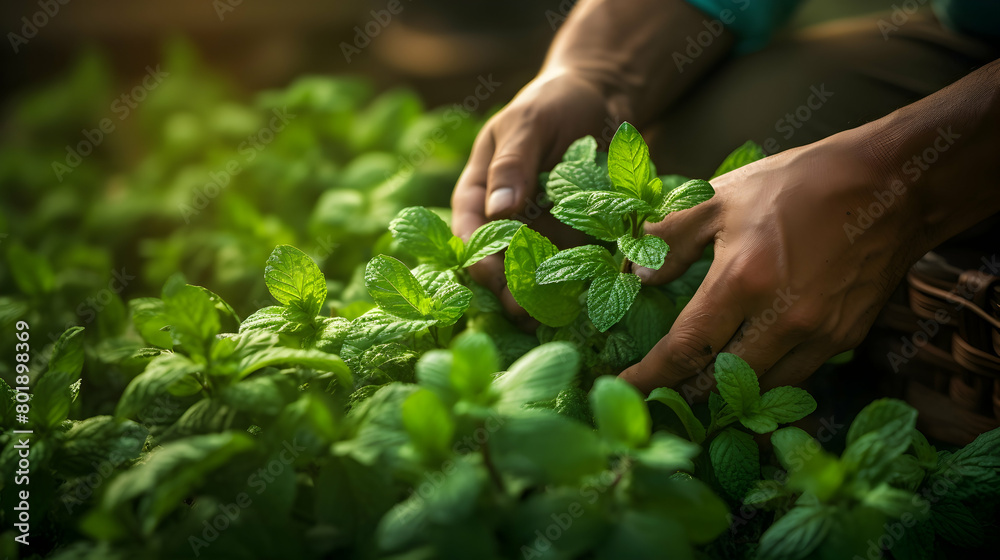 Aromatic mint leaves being gently harvested, Aromatic mint leaves being gently harvested,