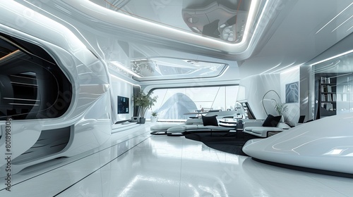 Futuristic design featuring sleek surfaces  high-tech gadgets  and innovative materials.