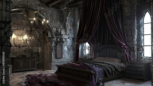 Gothic castle-inspired bedroom with canopy bed, stone walls, and velvet drapes.