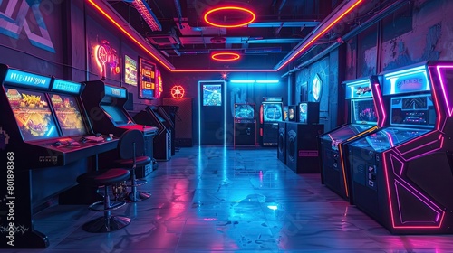 Futuristic cyberpunk-themed gaming room with neon lighting, virtual reality stations, and futuristic gaming consoles.