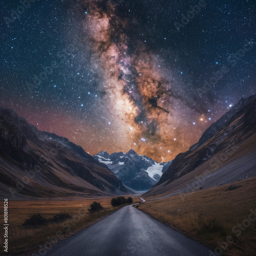 A road leading to distance in a mountain valley with a milky way