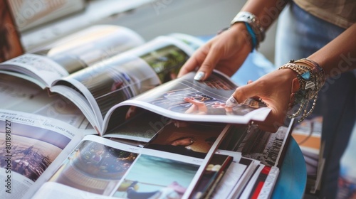 Print fashioner spreading out a magazine spread with text and pictures photo