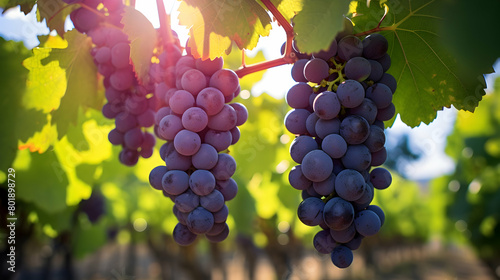Close-up of a bunch of ripe grapes on a vine,