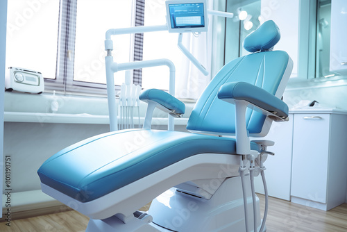 Dental Chair: Close-up of a comfortable dental chair in a treatment room, ready for a patient's appointment.