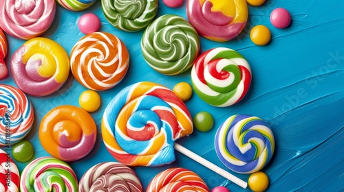 Bright and colourful lollipops on a vibrant blue background.