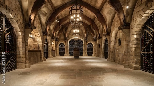 Gothic cathedral-inspired wine cellar with stone arches  vaulted ceilings  and wrought iron wine racks.