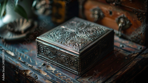 the vintage charm of an antique patch box, with its tarnished metal finish and intricate filigree work evoking a sense of nostalgia and history, making it a beautiful and functional 
