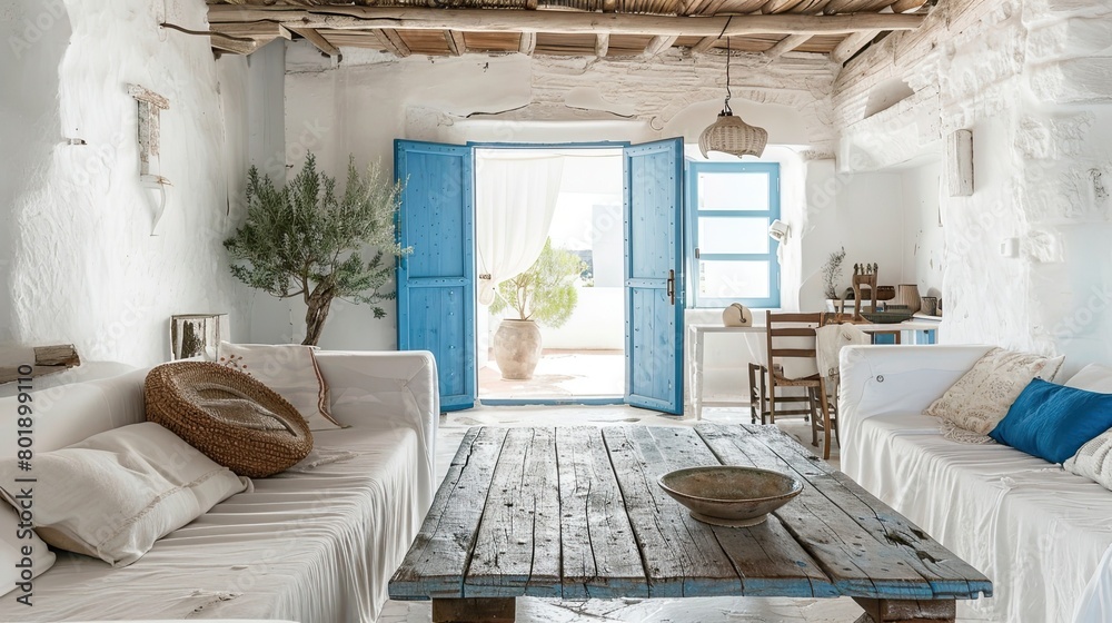 Greek island-inspired decor with whitewashed walls, blue accents, and rustic wood.