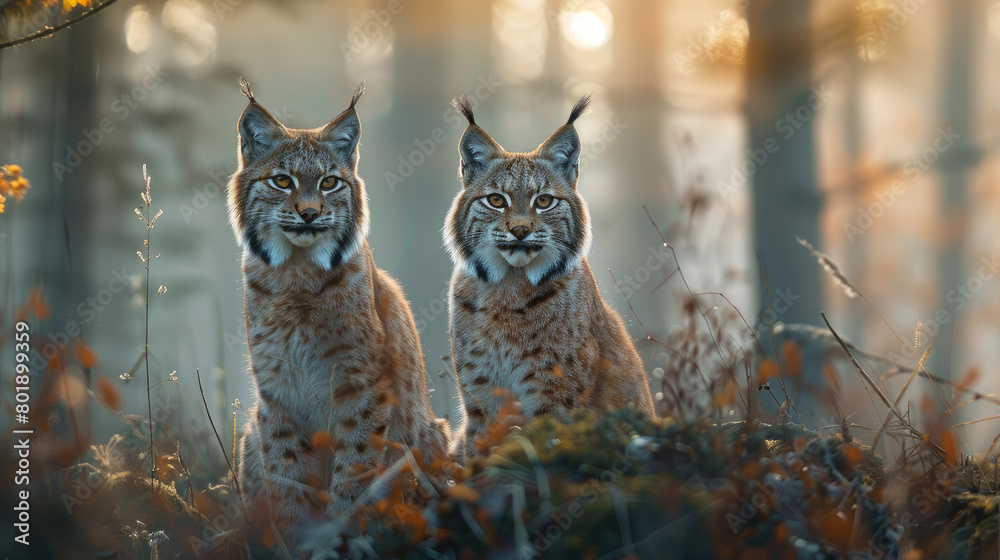 A pair of lynx sitting in the middle of the bushes of a misty forest at sunrise
