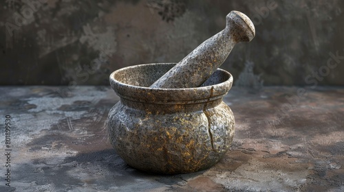 Modern grey stone mortar and pestle on a sleek, minimalist background.