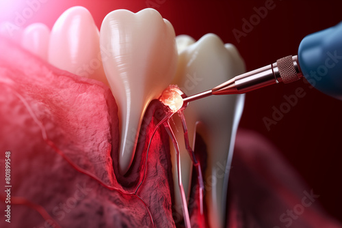 Endodontist performing a root canal procedure to save a damaged tooth. photo
