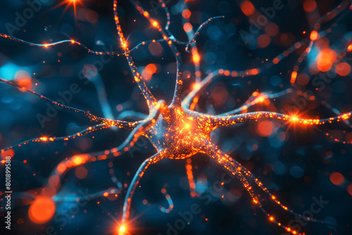 Detailed rendering of a neuron with orange and blue highlights showing synaptic activity and neural connections