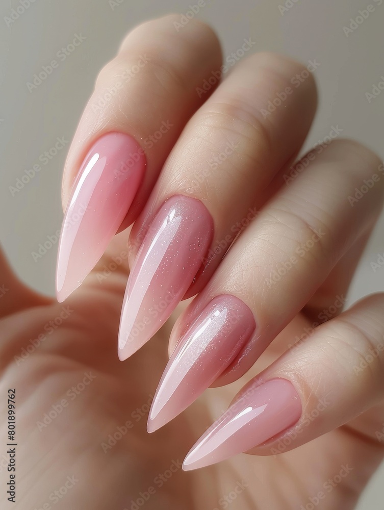 Close-up of pink gradient nails with a glossy finish. Close-up of pink gradient nails with a glossy finish.