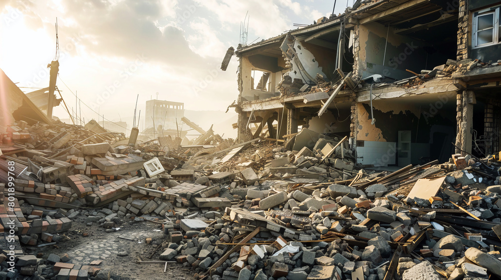 Devastation after a Natural Disaster, Destroyed Buildings and Debris under a Dramatic Sky