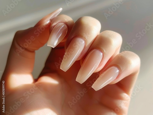 Close-up of elegant  neutral-toned nail art with a glossy finish.