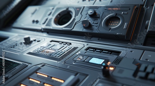 Fototapeta Naklejka Na Ścianę i Meble -  Futuristic spaceship abstract technological control panel with toggle switches and buttons or panel of unknown device or space ship