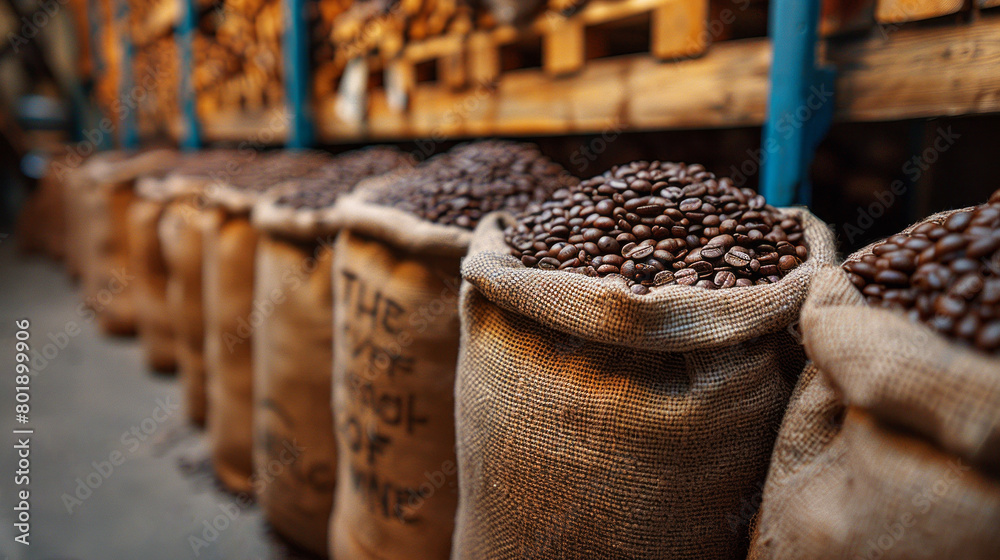 Obraz premium Coffee Beans in Burlap Sacks at a Roastery Warehouse