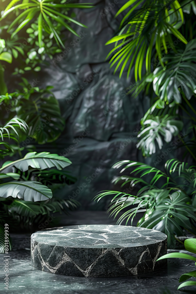 Tropical setting with stone podium for showcasing products, featuring dramatic lighting and dense foliage Tropical setting with stone podium for showcasing products, featuring dramatic lighting and dense foliage
