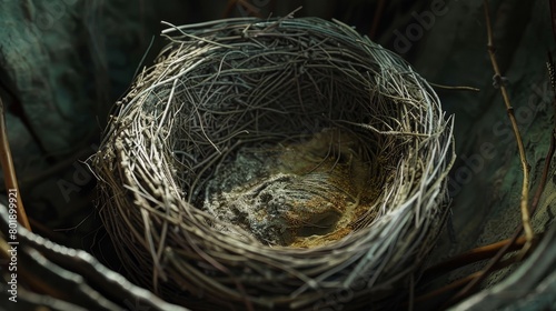 Close-up of an empty, intricately woven bird's nest in a dark setting.