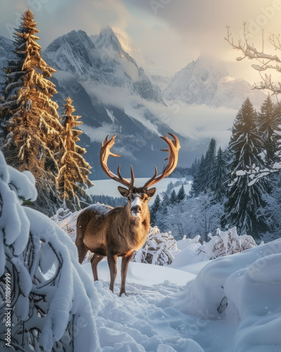 Deer with large antlers stands in a snowy forest bathed in golden light.