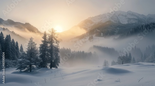 View of a snowy landscape with fog-shrouded mountain peaks.