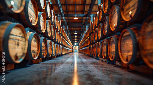 Symmetrical view of whiskey barrels in an aging facility showcasing the architecture and depth of the warehouse