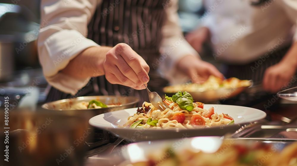 A group of chef in uniform preparing delicious food for her cooking venture. Good job enviroment. Cook decorating a plate. Portrait of professional responsible chef during carrying out daily duty. 