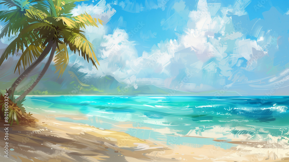 Tranquil Paradise: A Serene Beach Scene with Golden Sands and Swaying Palm Tree