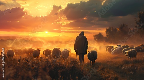 A shepherd guiding his flock of sheep through a rustic countryside, the sunset casting warm hues over the landscape photo