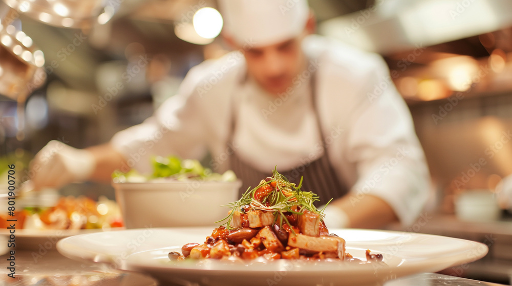 A group of chef in uniform preparing delicious food for her cooking venture. Good job enviroment. Cook decorating a plate. Portrait of professional responsible chef during carrying out daily duty. 