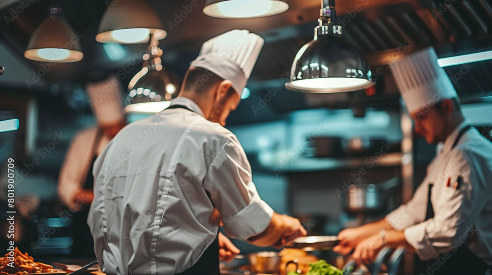 A group of chef in uniform preparing delicious food for her cooking venture. Good job enviroment. Cook decorating a plate. Portrait of professional responsible chef during carrying out daily duty. 