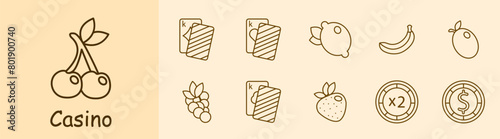 Casino set icon. Cards, suits, fruits, win, bet, doubling, chip, money, king, diamond, hearts, spades, banana, risks, excitement, ardor, passion, lemon, cherry, strawberry. Gambling concept.