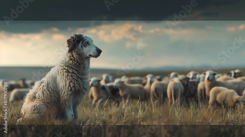 A shepherd's faithful sheepdog keeping watch over the flock as they graze peacefully in a vast open field