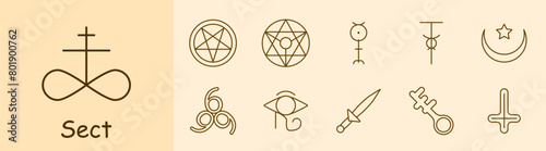 Sect set icon. Pentagram, Sigil of Baphomet, ritual dagger, sacrifices, inverted cross, Satan, 666, eye, key, crescent with star, infinity sign, worship, persuasion. Cult concept.