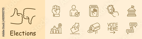Elections set icon. Fist, candidate, silhouette, textbook, people s rights, telephone, government building, rating, statistics, ballot, thumbs up and down, mail, battle of opinions. Voting concept.