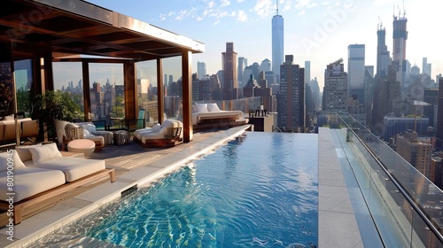 Modern urban rooftop pool deck with infinity pool  cabanas  and city skyline views.