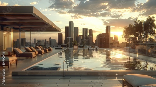 Modern urban rooftop pool deck with infinity pool, cabanas, and city skyline views. photo