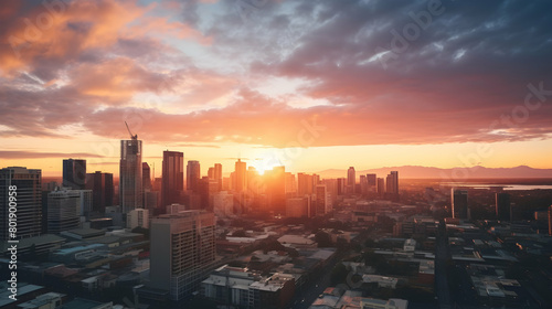 The cityscape during a vibrant sunrise 