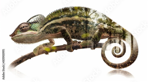 double exposure, white background, Madagascar's forest-dwelling lesser chameleon & urban development
