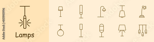 Icon set lamps. Lamps, fixtures, lighting, light, chandelier, lantern, light bulb, illumination, concept, variety, tube, illuminator, glow, luster. Choice concept.