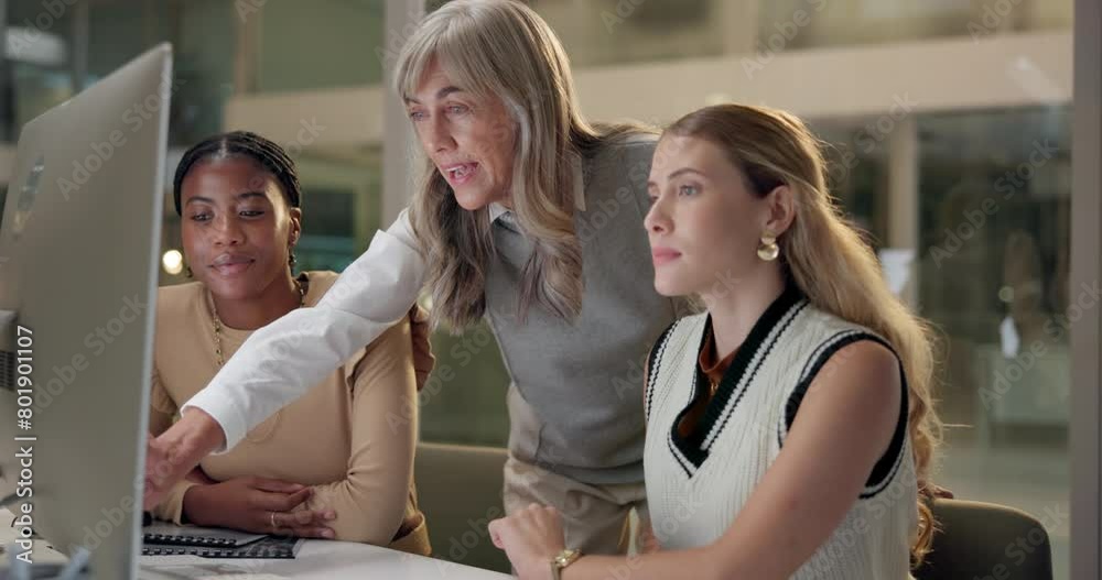 Mature woman, mentor and computer in office with group, staff and creative direction with training for project. Senior leader, people and learning in night with advice, info and reading at startup
